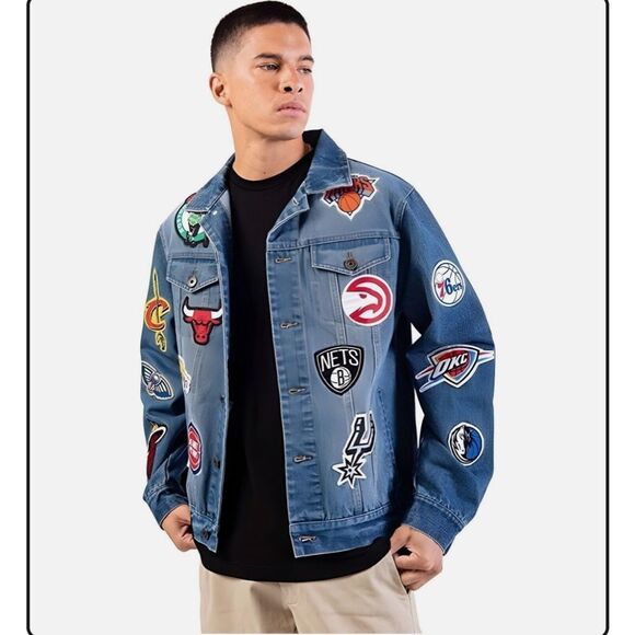 NBA Ultra Game Distressed Multi Team Patch Jean Jacket Knicks Nets Lakers Mens M - Picture 1 of 11